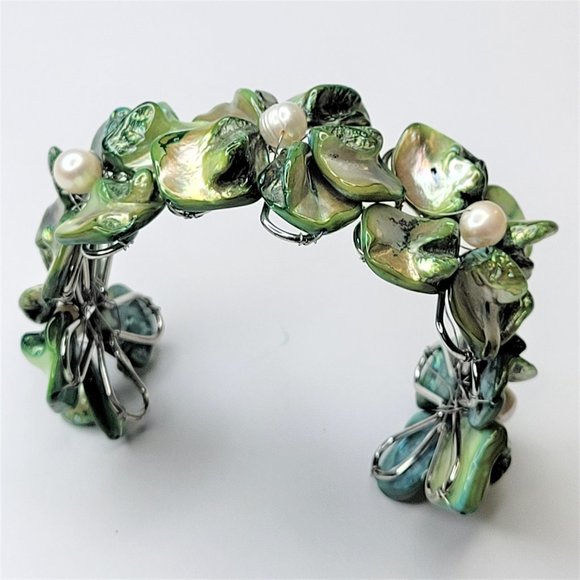 Green Pearl Adjustable Cuff Bangle Bracelet- NEW - Picture 8 of 13